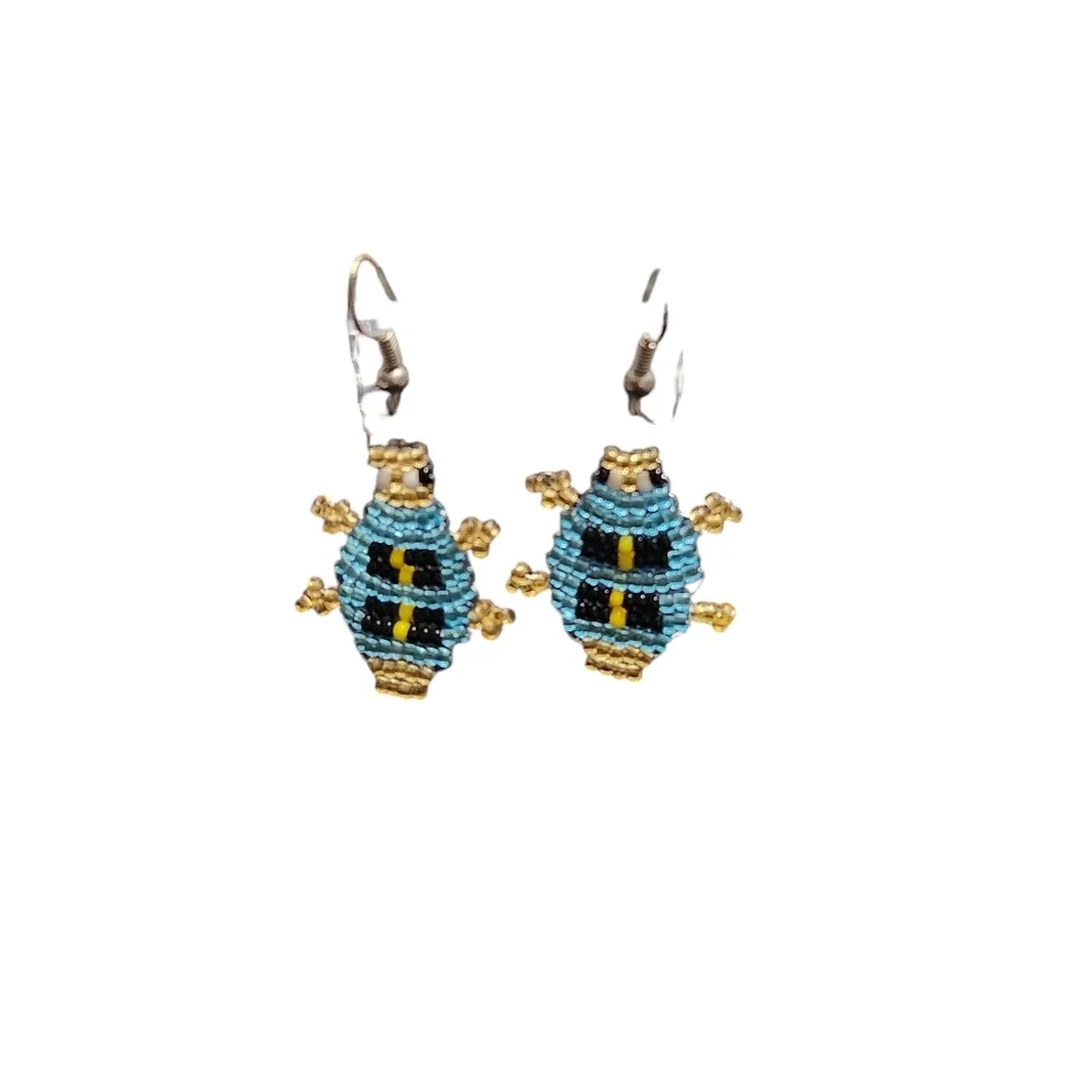 Handcrafted Beaded Blue and Gold Bug Earrings